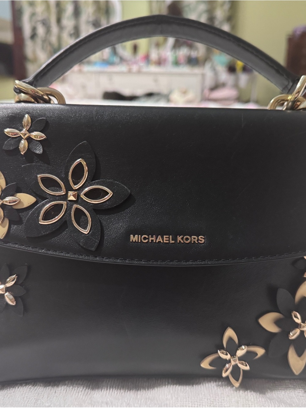 Michael Kors Ava Black Floral Appliqué Satchel with Gold Accents